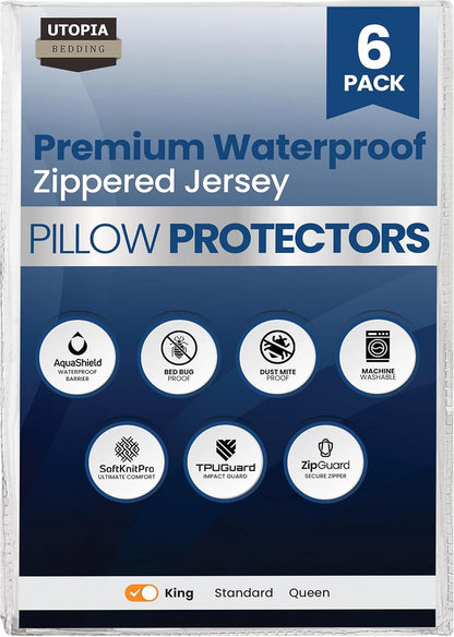 Utopia Bedding King Size Pillow Protectors - Set of 6 Zippered, Waterproof & Dust Mite Proof Covers (White)