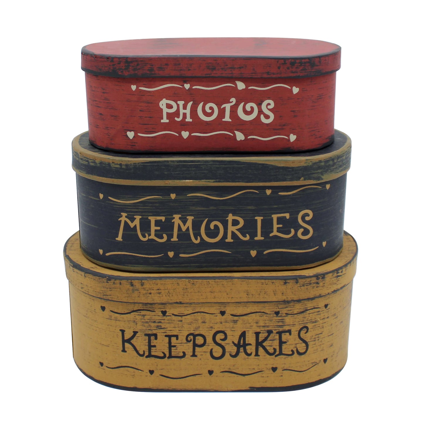 CVHOMEDECO. Primitives Antique Oval Photos, Memories, Keepsakes Cardboard Nesting Boxes, Large 9-3/4 x 5-1/2 x 4 Inch, Set of 3.