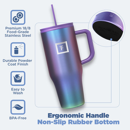 IRON °FLASK Co-Pilot Insulated Mug w/Straw & Flip Cap Lids - Cup Holder Bottle for Hot, Cold Drink - Leak-Proof - Water, Coffee Portable Travel Mug - Aurora, 32 Oz