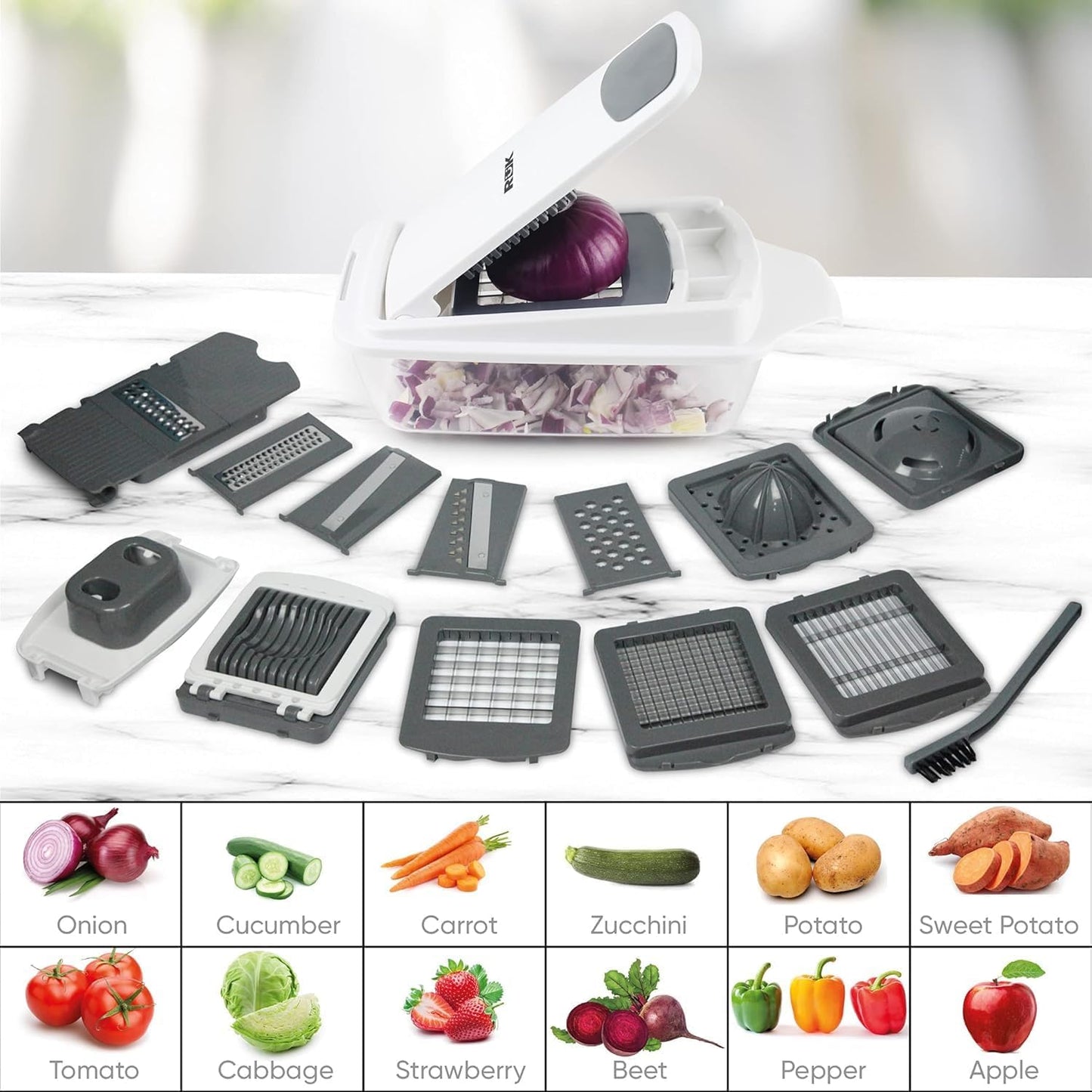 RüK Vegetable Chopper - 22-in-1 Multi Veggie Mandoline Slicer with 11 Blades & Lemon Squeezer | Food Cutter