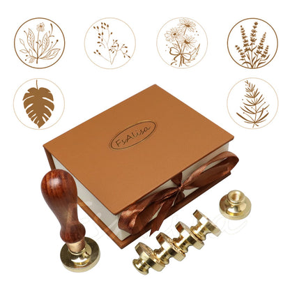 fsalisa 6 Pcs Flower Leaf Sealing Wax Stamps Copper Seals + Wooden Hilt, Seal Stamp Kit with Gift Box for Invitations Cards Letters Envelopes Wine Packages (Botanical Set#-2)