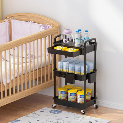 LLMRR 3 Tier Rolling Utility Cart with Drawer, Plastic Storage Organizer Rolling Carts with Wheels Handles Hanging Cups Hooks for Office, Bathroom, Kitchen,Craft Art Room (Black)