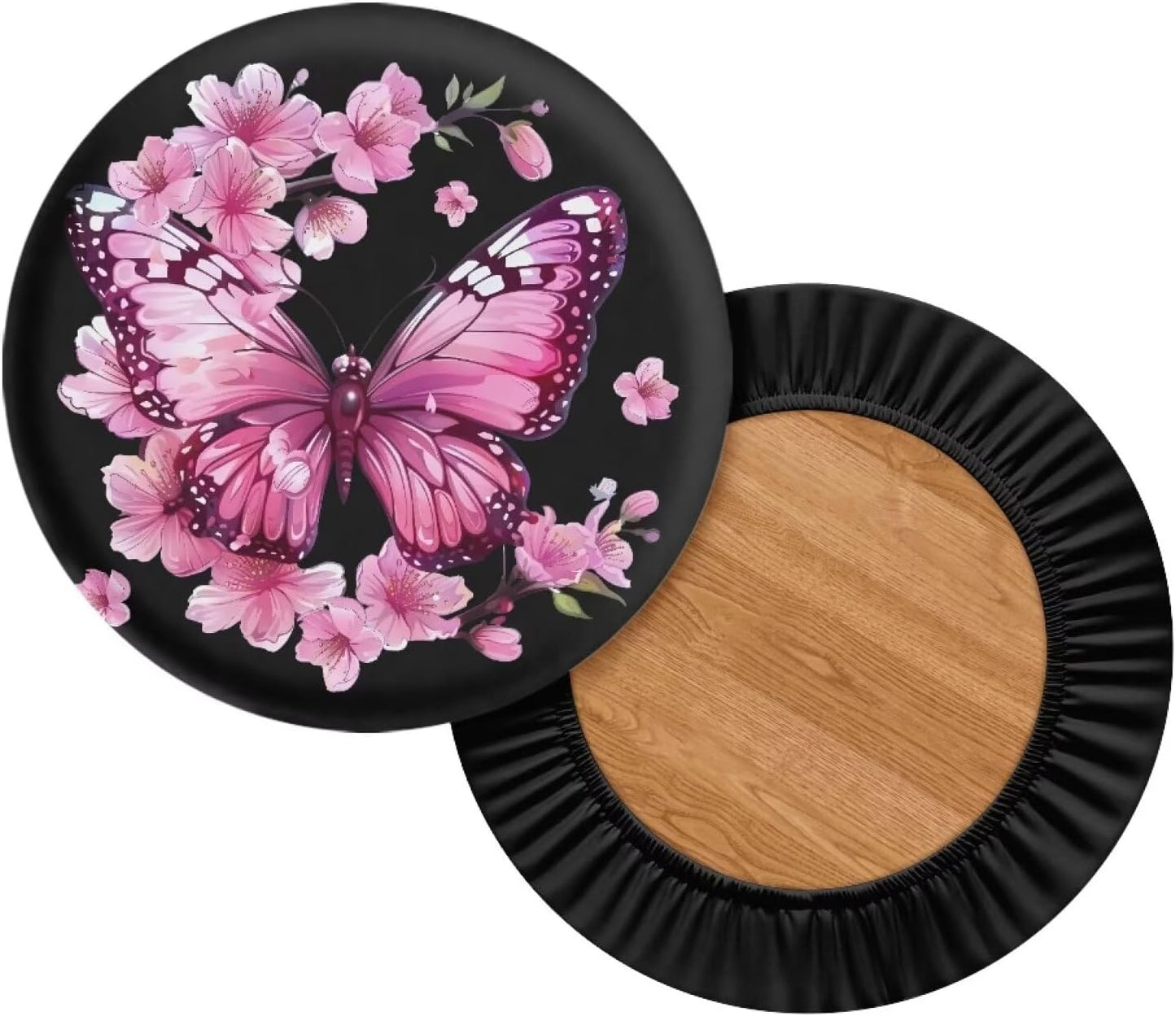 Peach Blossom Bar Stool Covers, Removable Washable Butterfly Print Round Cushion Covers for Dining Room Set of 2