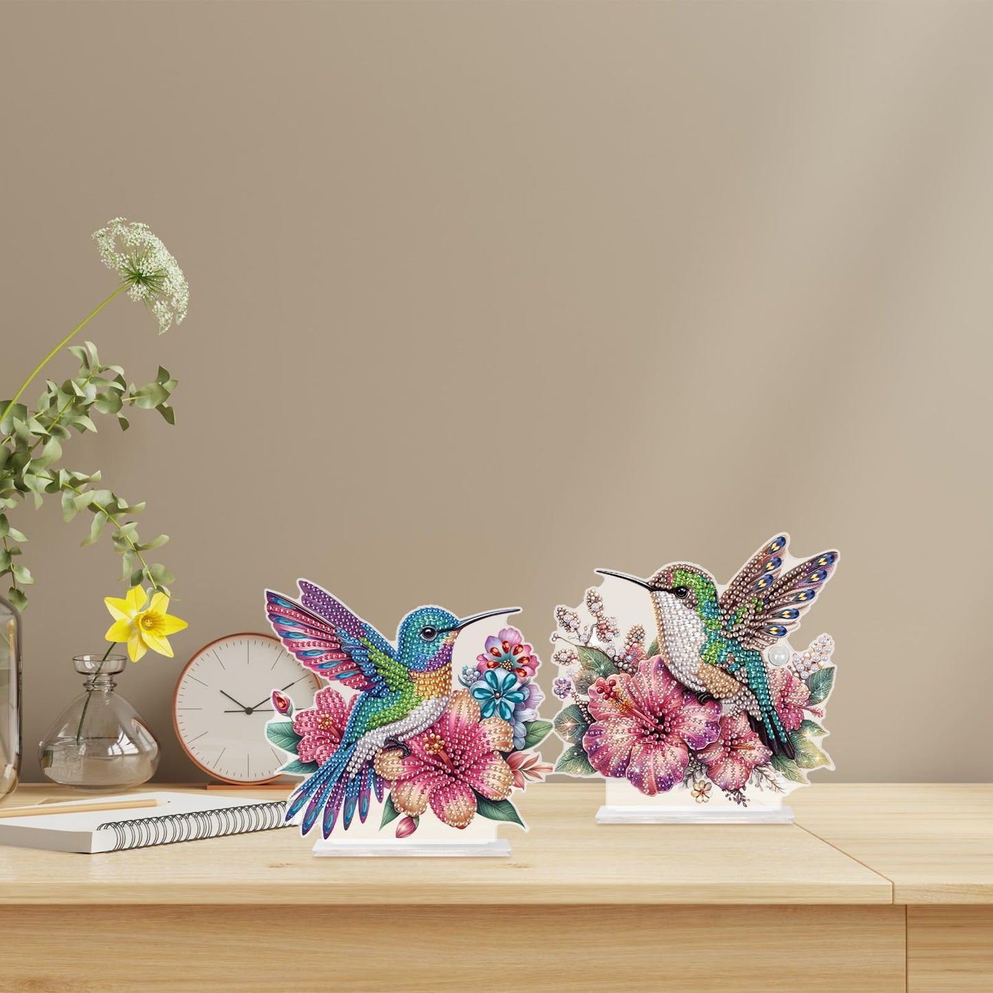 antor 2 Pcs Hummingbird Diamond Painting Desktop Ornaments Kit for Adults Beginner 5D DIY Diamond Art Tabletop Decorations Special Gem Mosaic Arts Crafts Home Bedroom Table Decor