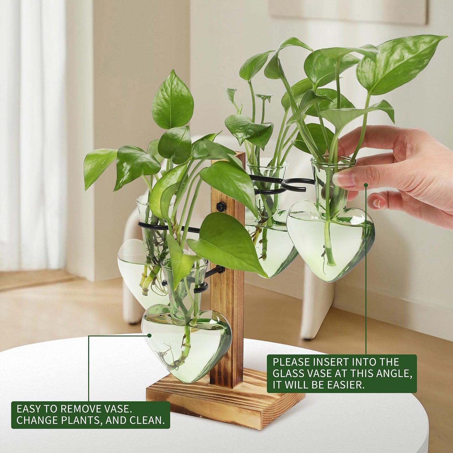 CYZglass Plant Terrarium Propagation Stations with Wooden Stand, Glass Vase for Indoor Hydroponics Home Garden Office Decoration Gift for Women - 4 Love Bulb Vase