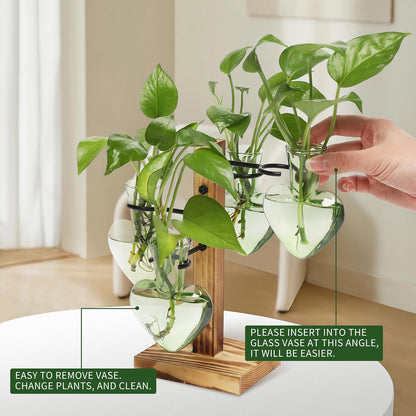 CYZglass Plant Terrarium Propagation Stations with Wooden Stand, Glass Vase for Indoor Hydroponics Home Garden Office Decoration Gift for Women - 4 Love Bulb Vase