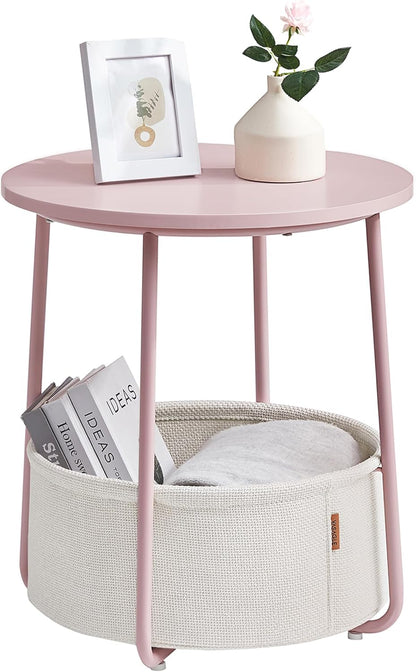 ULET223R61 VASAGLE LILEA Collection - Small Round Side End Table, Modern Nightstand with Fabric Basket, Jelly Pink