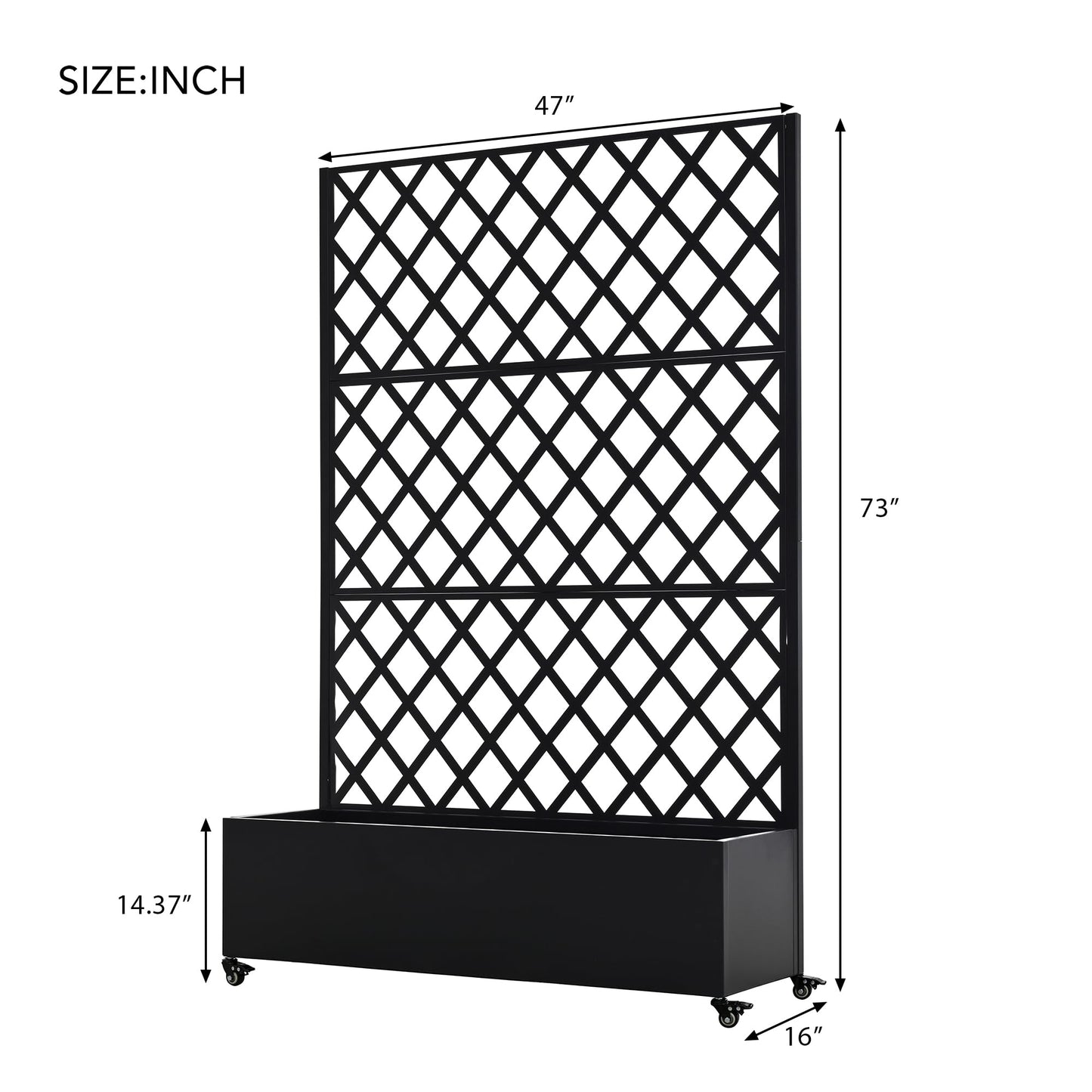 KEIKI 73"x47"x16" Metal Planter Trellis Box with Wheels & Drain Plug, Outdoor Resin Raised Garden Bed for Climbing Plants, Large Weather-Resistant Design, Black