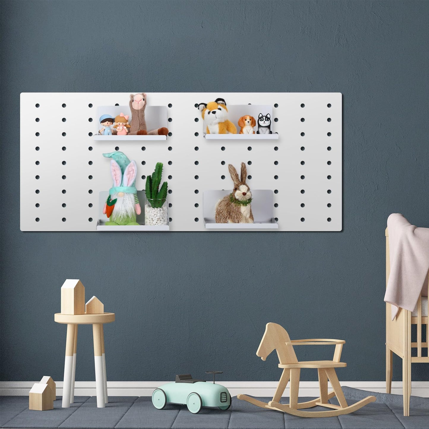 Therwen 4 Pack Magnetic Pegboard Shelves Wall Organizer Metal Pegboard Shelf Steel Tray Accessories Organizing Tools for Craft Home Kitchen(8 x 4.7 x 3.5 Inches,White)