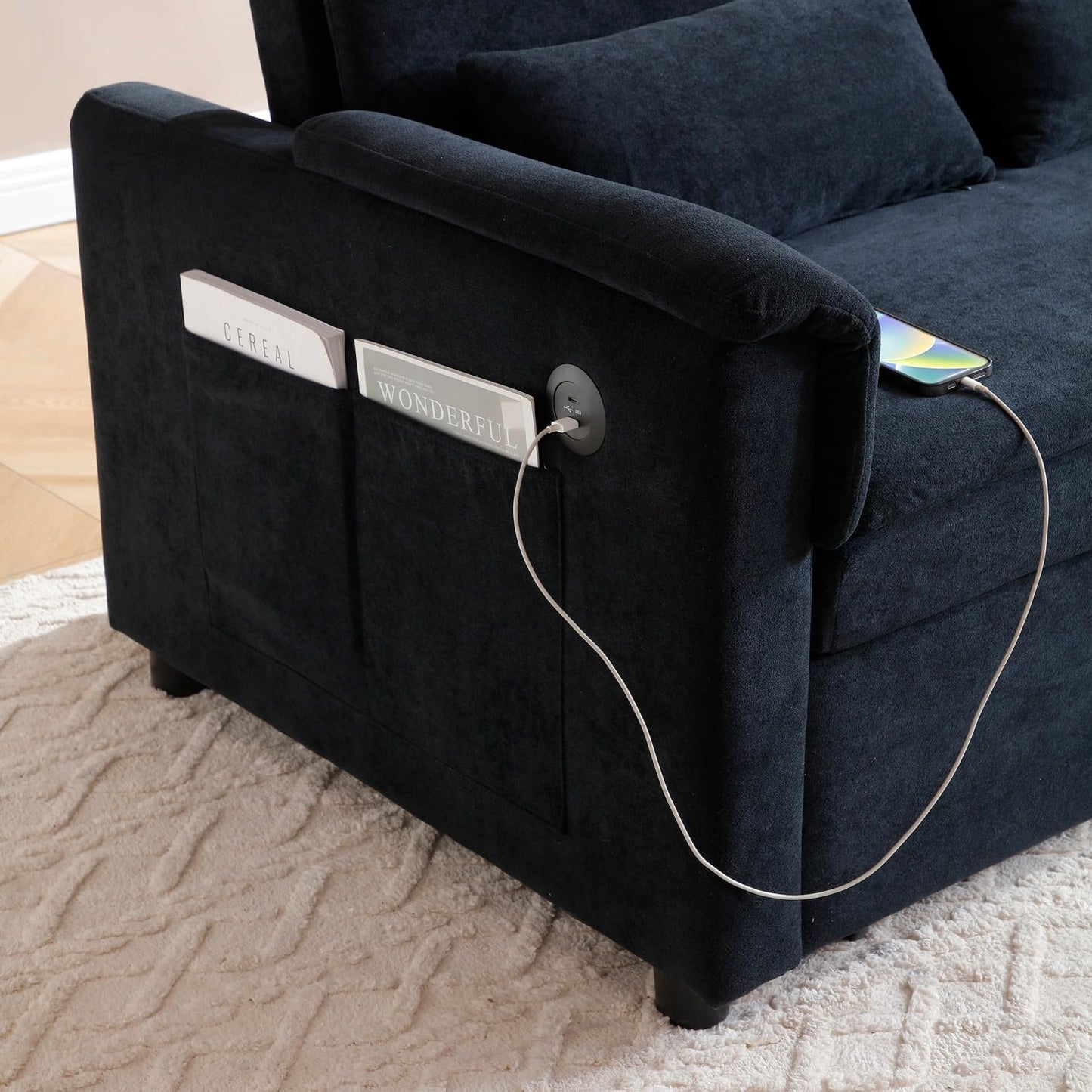 55" Convertible Futon Sofa Bed, Velvet 3 in 1 Sleeper Sofa, Pull Out Couch with USB Ports & 2 Waist Pillows, Adjustable Backrest Loveseat Sofa, Couches for Living Room, Apartment, Bedroom, Black