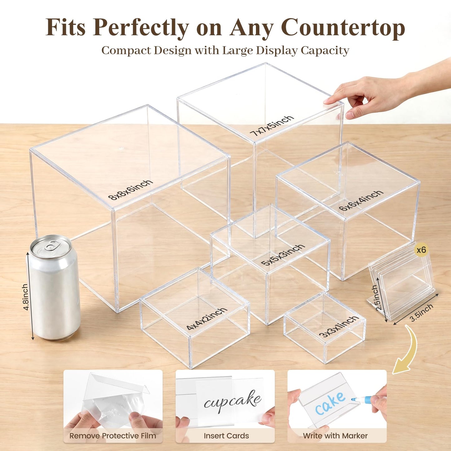 DomeStar 6PCS Clear and White Buffet Risers with Mini Sign, Food Risers Dessert Table Display Set for Buffet Table Party Catering Cupcake Cake Jewelry, Nesting Boxes for Food Display 8" 7" 6" 5" 4" 3"