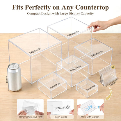 DomeStar 6PCS Clear and White Buffet Risers with Mini Sign, Food Risers Dessert Table Display Set for Buffet Table Party Catering Cupcake Cake Jewelry, Nesting Boxes for Food Display 8" 7" 6" 5" 4" 3"