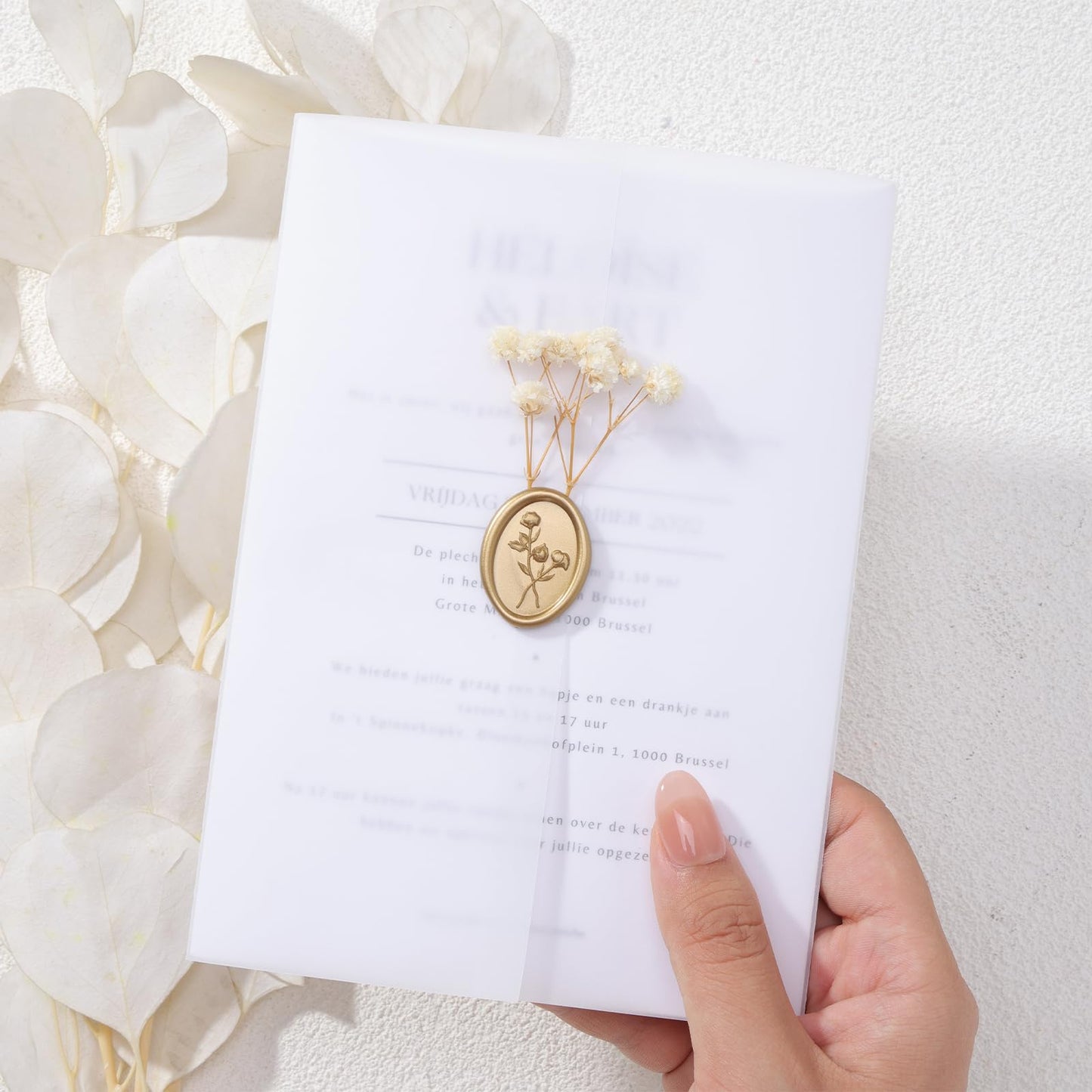 UNIQOOO Wax Seal Stickers - 3D Flower Oval Shape Wedding Invitation Envelope Seal Stickers, 50 Pcs Self- Adhesive Prosecco Metallic Light Gold Sticker, Perfect for Invitation, Christmas, Gift