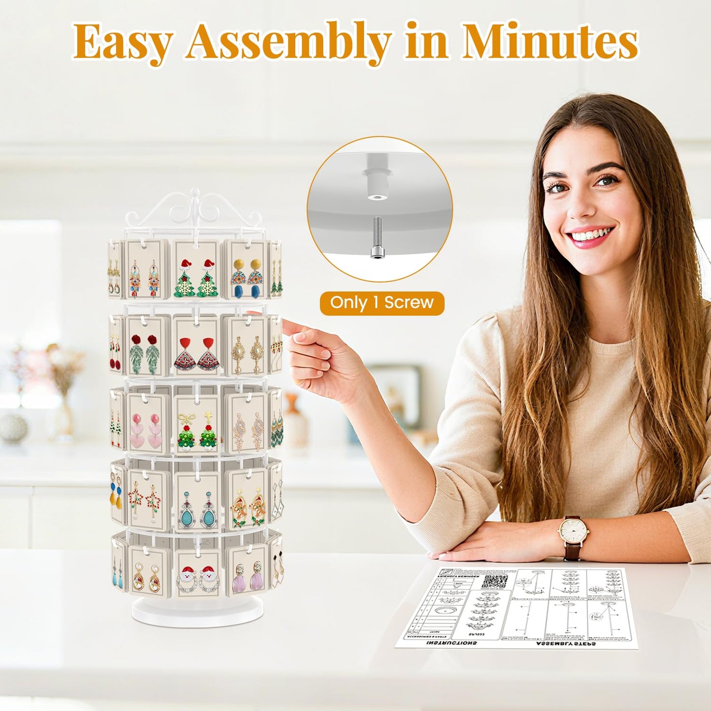EsLuker.ly Earring Holder Organizer Rotating Display Tree Stand, Adjustable Height Earring Card Hanger Rack with 50 Hooks for Vendors Market Selling, 5 Tier Metal Jewelry Storage Tower, White