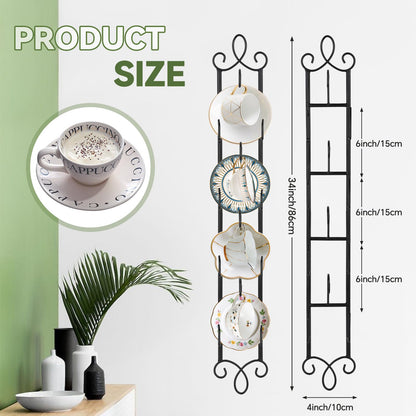 WHXGG 2 Pack Tea Cup Display Rack Vertical Wall Cup Rack Set 4 Tiers Wall Mounted Cups Plate Holder 36 x 5''Tea Cup and Saucer Display Stand for Kitchen Tearoom Restaurant Office Fits 6''Diameter