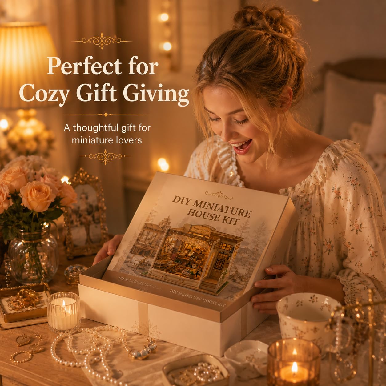 DIY Miniature House Kit, 428 PCS Jewelry Shop DIY Book Nook Kit with LED, 3D Wooden Puzzle Miniature Doll House Kit for Arts and Crafts Decor - Unique Tiny Home Kits Gifts for Women & Adults
