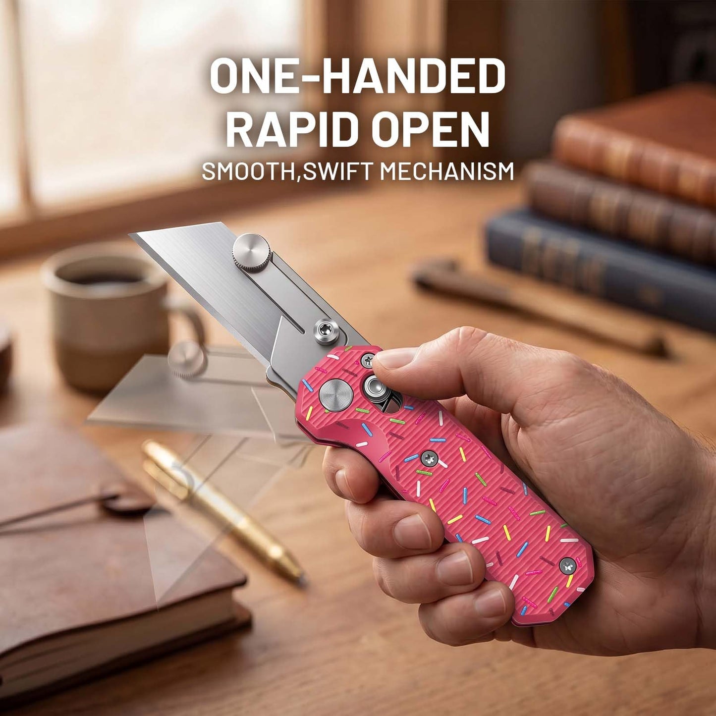Folding Utility Knife for Women Men,Quick Change Box Cutter with 10Pcs SK5 Replaceable Blades,EDC Razor Knife for Cartons,Cardboard,Boxes,Christmas Stocking Stuffers Gifts for Men Husband Women(pink)