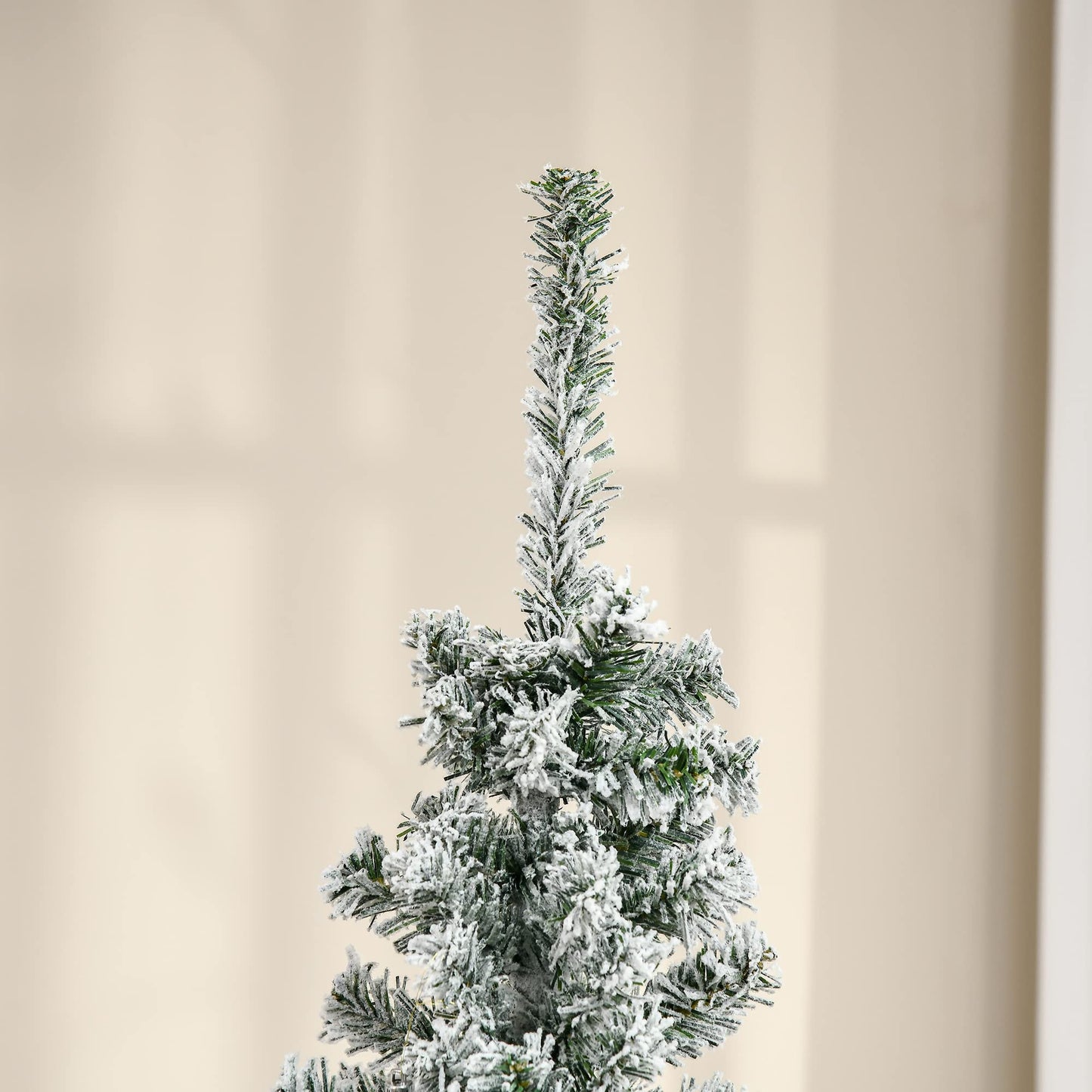 HOMOM 6ft Flocked Christmas Tree, Pencil Artificial Xmas Tree with Faux Snow, Dense Branches, Foldable Metal Base for Indoor Holiday Decor