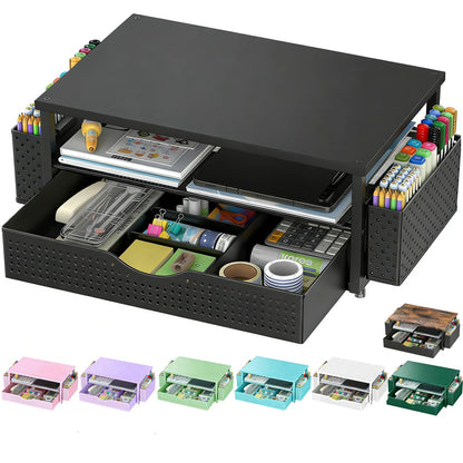 Spacrea Desk Organizer and Accessories, Computer Monitor Stand Riser with Drawer and 2 Pen Holders, Office Desk Accessories & Workspace Organizers for Office Supplies (Black)