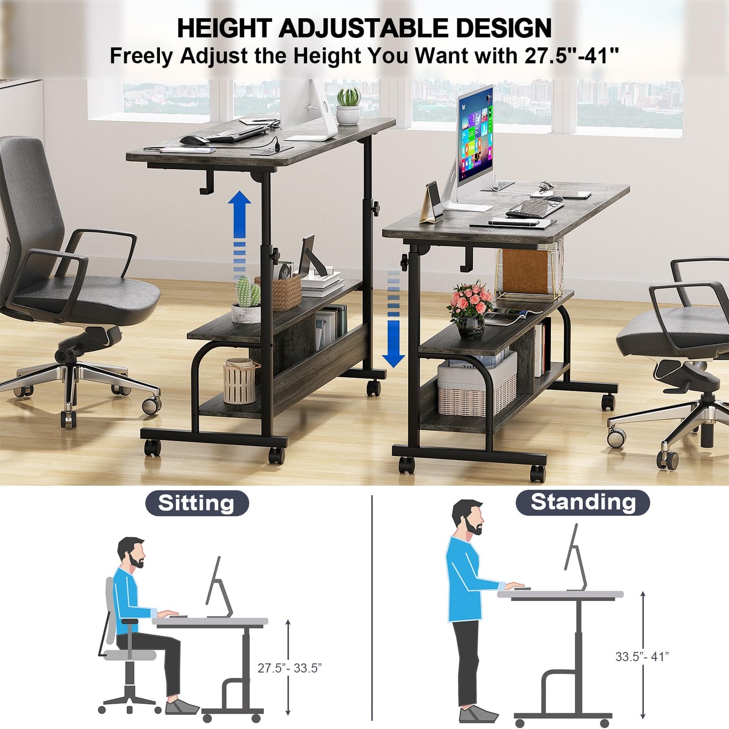 Armocity Rolling Standing Desk with Charging Station, Portable Height Adjustable Mobile Computer Desk with Wheels & 2-Tier Shelves & Hooks, Easy Assembly Laptop Table for Couch Bed, 47" Grey Oak