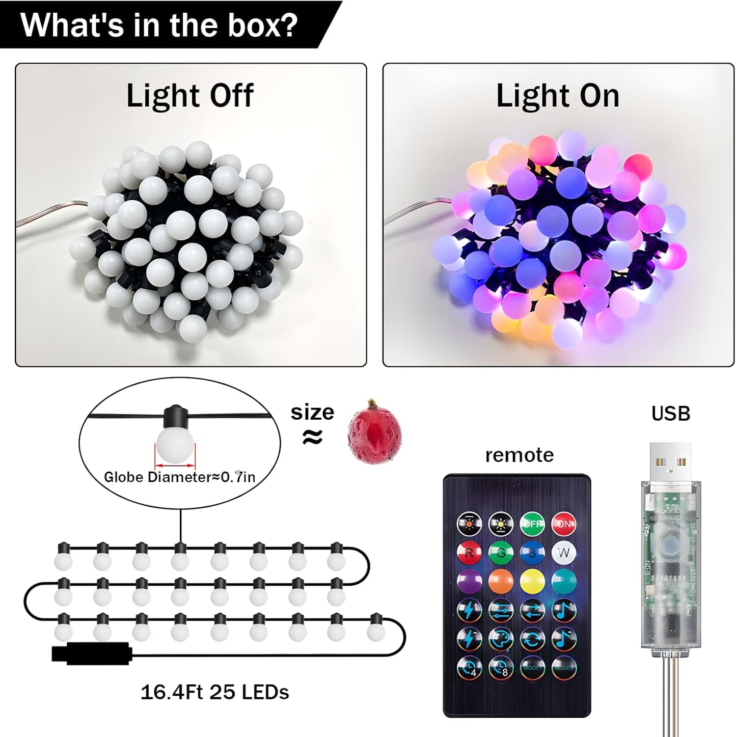 16.4Ft Smart Globe String Lights, 25 Dimmable RGB Mini LED Color Changing Lights with App & Remote Control
