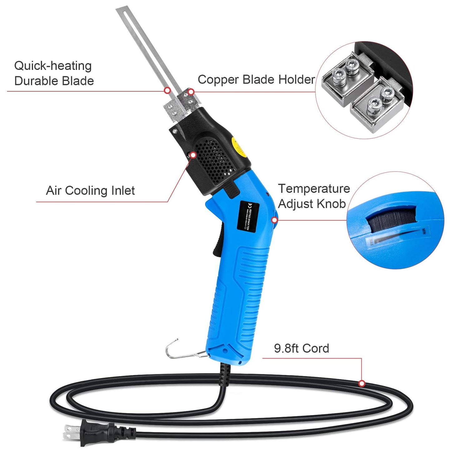 Toemics Toemics Electric Hot Knife Foam Cutter – 200W Styrofoam Cutting Tool, 4 Adjustable 50-500°C Blades for Polystyrene, Sponge, Crafts, and Insulation (Blue)