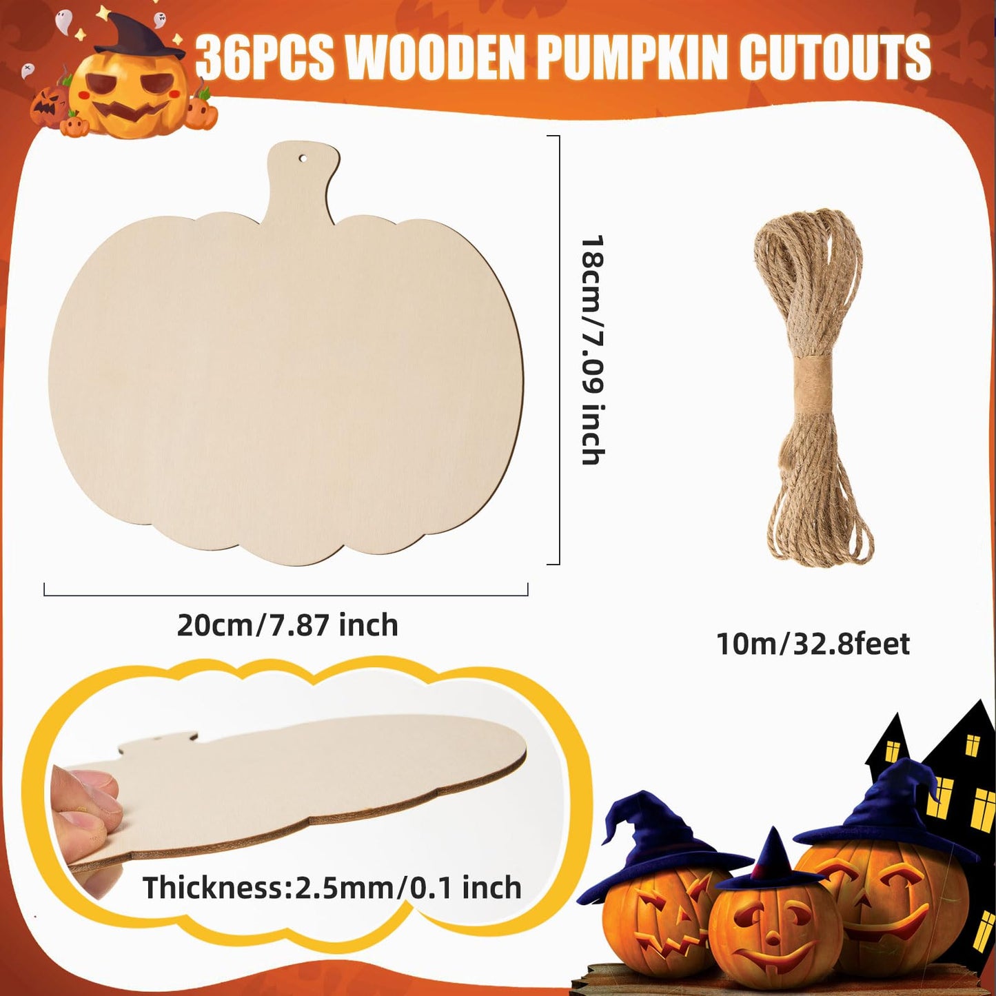 AWIZOM 36 Pcs Wooden Pumpkin Cutouts Unfinished Wood Fall Pumpkin Ornaments Blank Wooden Thanksgiving Pumpkin Signs for DIY Crafts Project Halloween Autumn Harvest Home Hanging Decorations,7.87x7.09