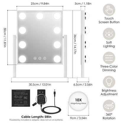 LuxeVue Vanity Mirror with Lights, Makeup Mirror with 3 Lighting Modes, Light Up Mirror with Touch Sensor, AC-Powered, 360 Rotatable, Metal Frame, with Detachable 10X Magnifying Spot Mirro, 14.1"