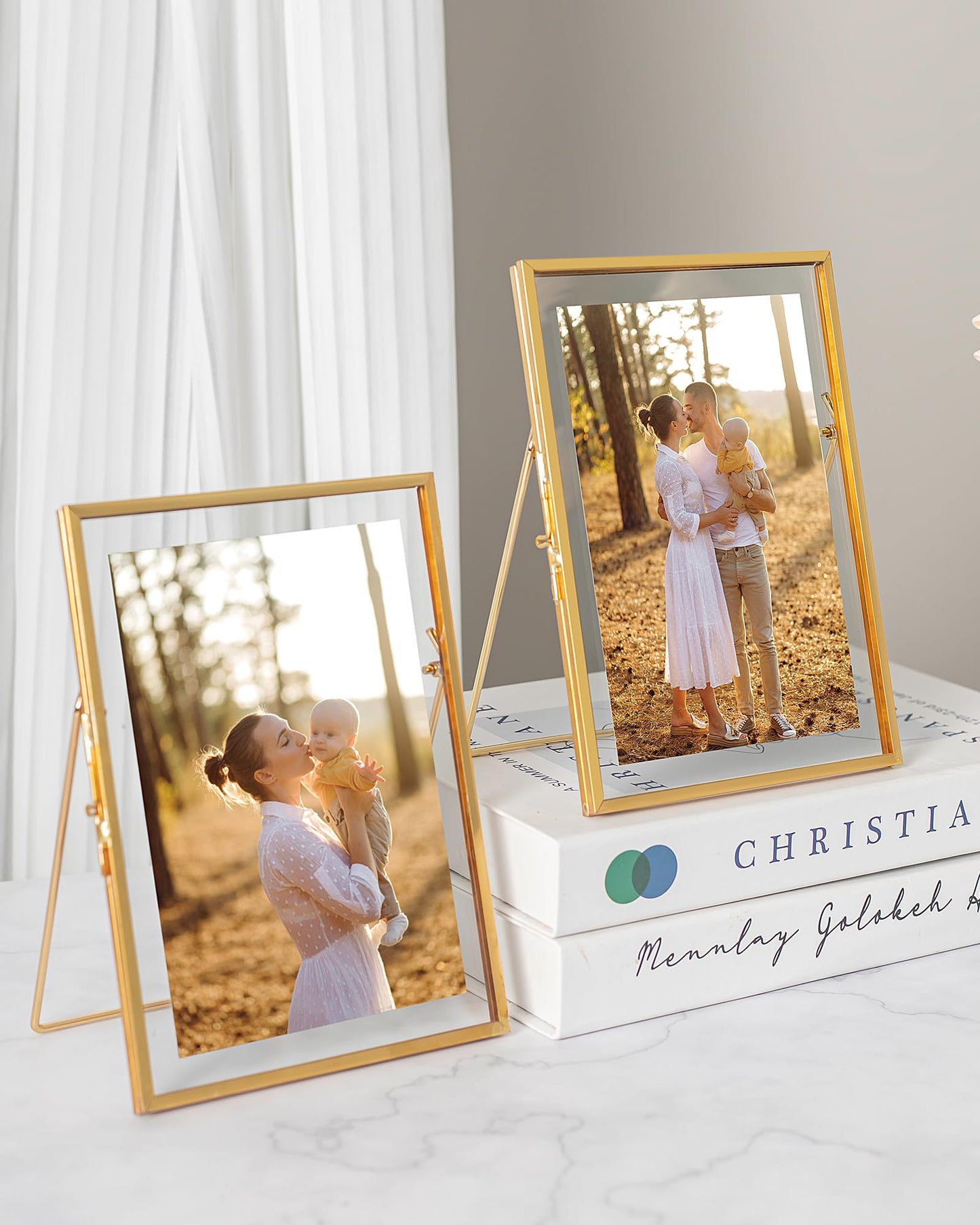 Jajamy Gold Floating Picture Frame Set of 2, Tempered Glass Floating Frames 5x7, Gold Picture Frame for Multi Size Photo 4 x 6, 3 x 5 for Tabletop Display