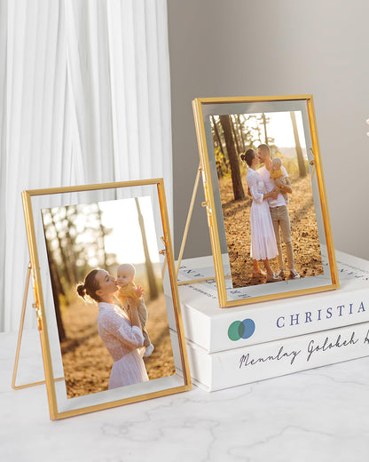 Jajamy Gold Floating Picture Frame Set of 2, Tempered Glass Floating Frames 5x7, Gold Picture Frame for Multi Size Photo 4 x 6, 3 x 5 for Tabletop Display