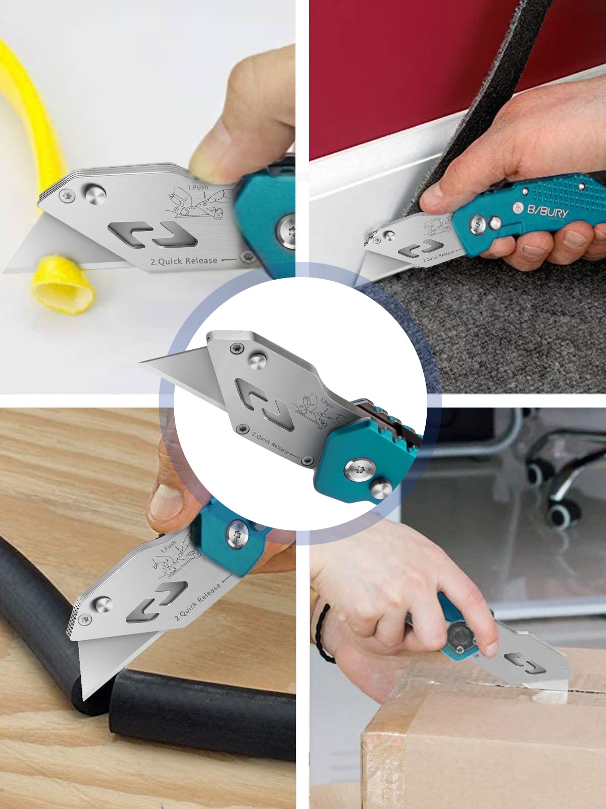 BIBURY Utility Knife, Heavy Duty Folding Box Cutter, Pocket Carpet Cutter Knife with 10 Extra SK5 Stainless Steel Blades, Easy Release Button, Belt Clip, Quick Change and Safety Lock-Green