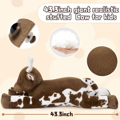 Tezituor 43.3 Giant Longhorn Cow Stuffed Animal, Hugging Fluffy Stuffed Cow Plush Body Pillow, Realistic Large Texas Longhorn Bull Farm Plush Toy for Boys Girls