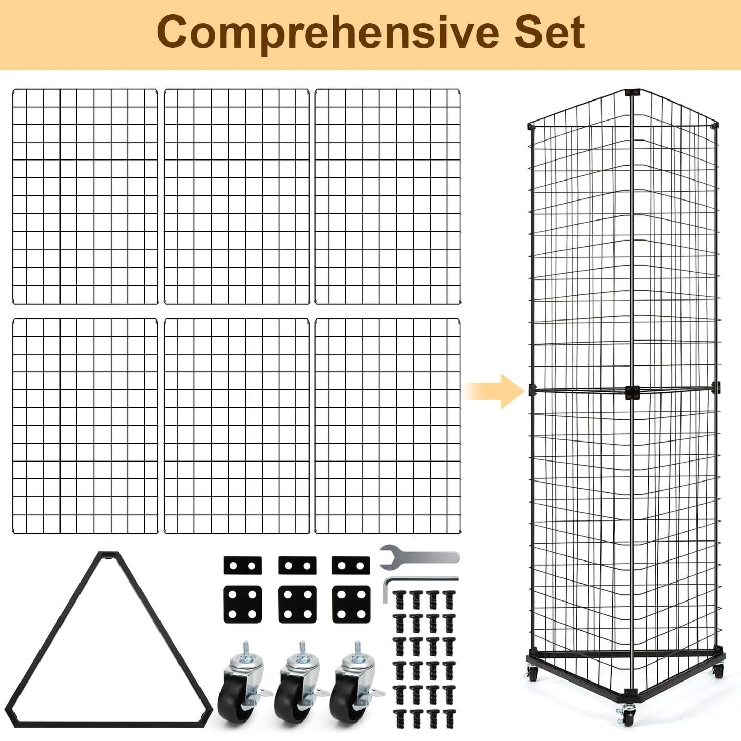 GADFISH Triangular Gridwall Panel Display Stand, Black Triangle Wire Grid Tower with Base and Casters, 24" x 68" Rolling Grid Wall, Panel Stand for Home Organization, Retail, Trade Show, Vendor