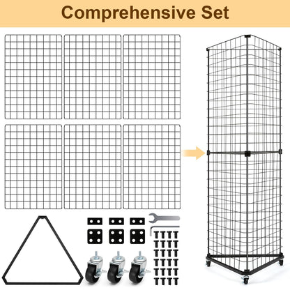 GADFISH Triangular Gridwall Panel Display Stand, Black Triangle Wire Grid Tower with Base and Casters, 24" x 68" Rolling Grid Wall, Panel Stand for Home Organization, Retail, Trade Show, Vendor