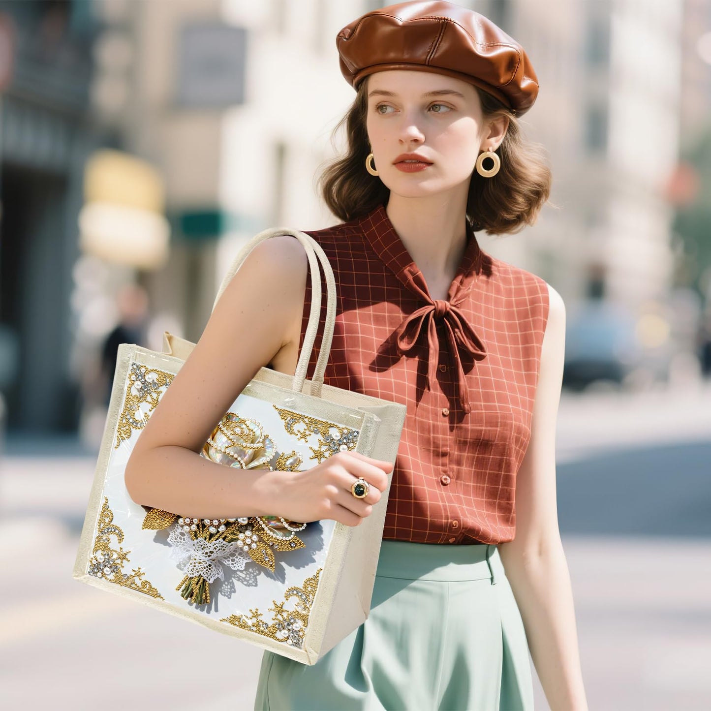 Xylzzuit DIY Pearl Painting Canvas Tote Bag Kit 11.42IN Diamond Art Handbag for Women Shopping Grocery Bag Dots Beads Art Craft Gift (Flower01)