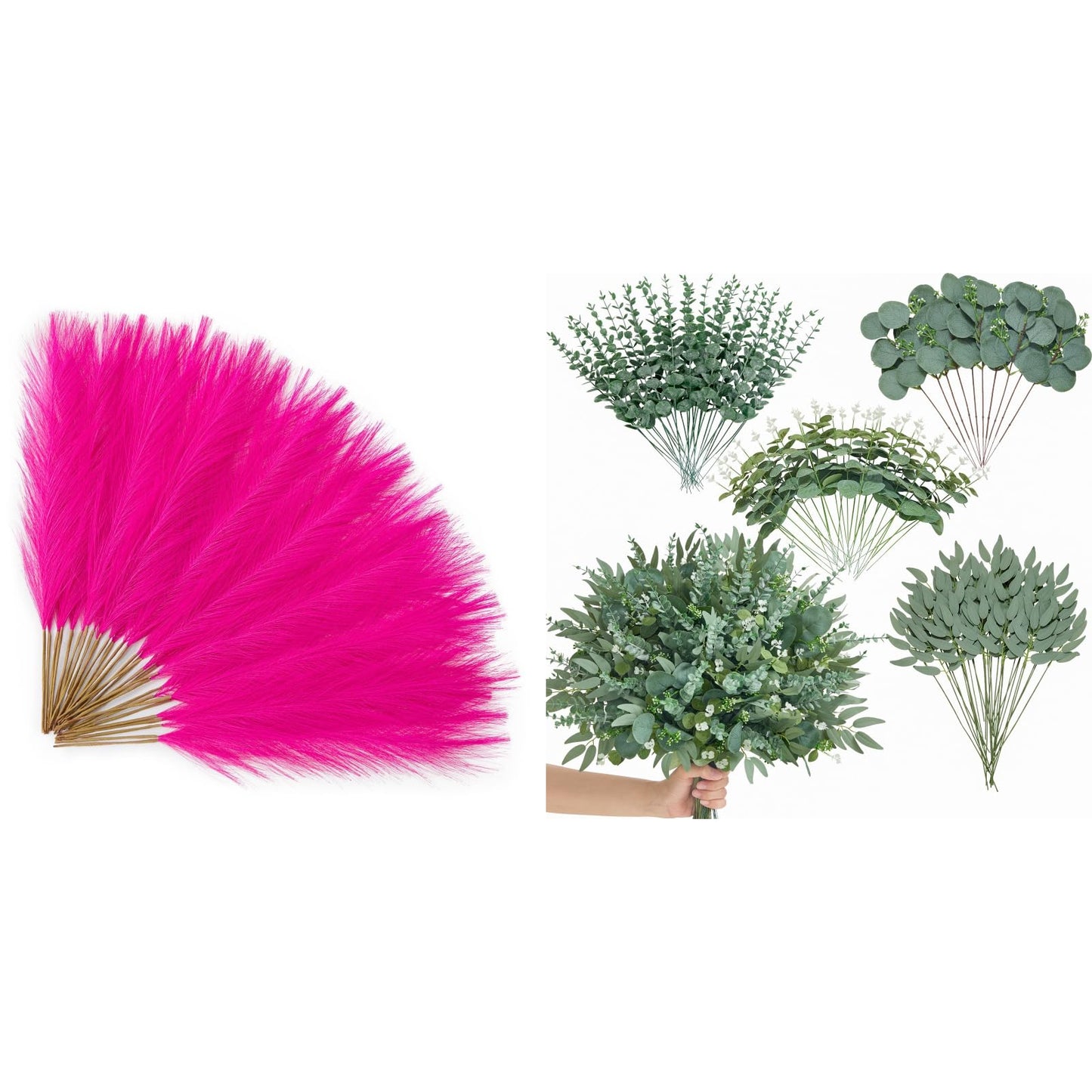 Alecono Hot Pink Pampas Grass Bundle 100pcs 4 Kinds Artificial Eucalyptus Stems Bulk