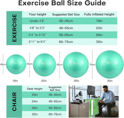 Gruper Yoga Ball, Multiple Sizes Non Slip Exercise Ball for Workout, Birthing, Balance, Stability, Pregnancy, 2200LB Capacity, Anti Burst Chair for Home and Office, Includes Quick Pump & Fitness Guide