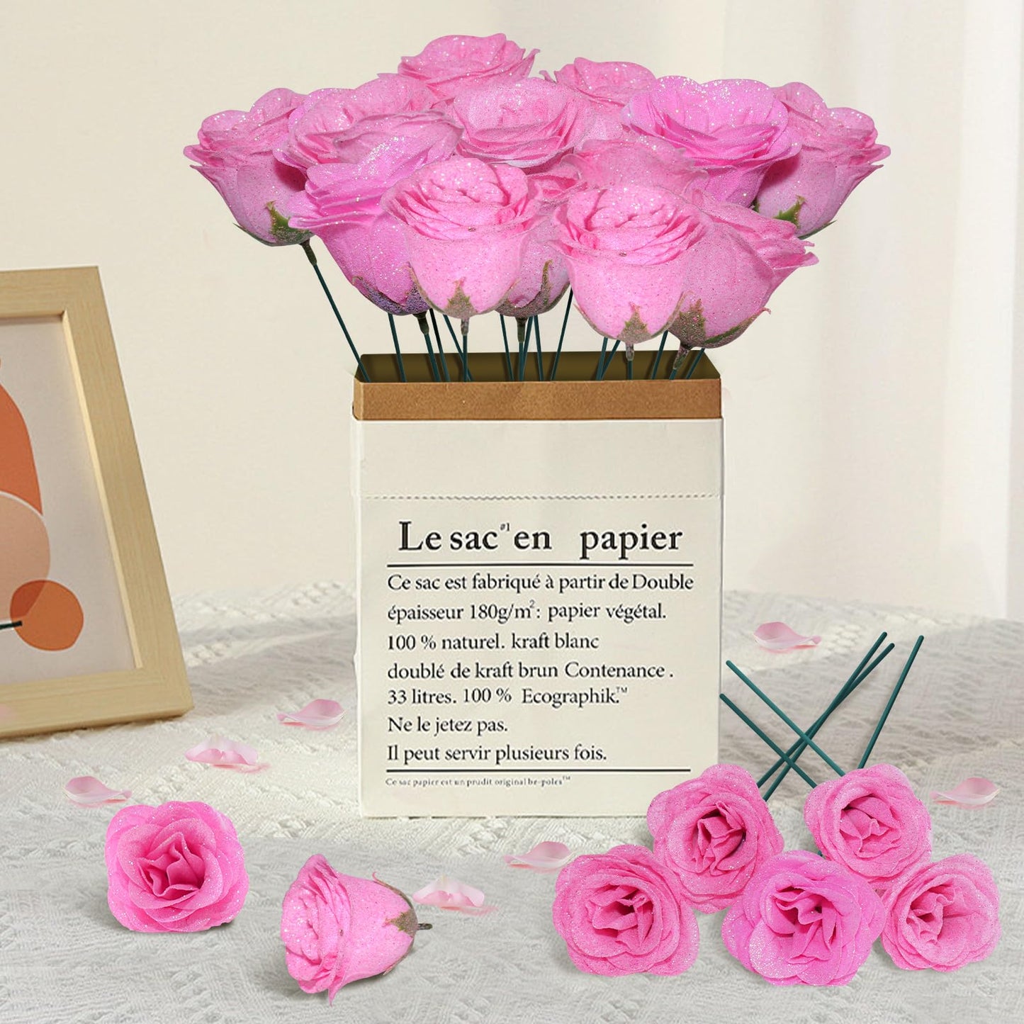 Pink Glitter Roses Bouquet, 24 Pcs Shiny Glitter Flowers Bouquet, Everlasting Artificial Roses Bouquet for Mothers Day, Birthday, Anniversary, Wedding, Engagement, Christmas