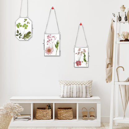 Bucherry 5 Pcs Glass Frame for DIY Pressed Flowers Art Hanging Photo Picture Frame with Chain and 6 Styles Pressed Flowers Collage Glass Craft Frames for Wall Decor Display Gallery (Silver)