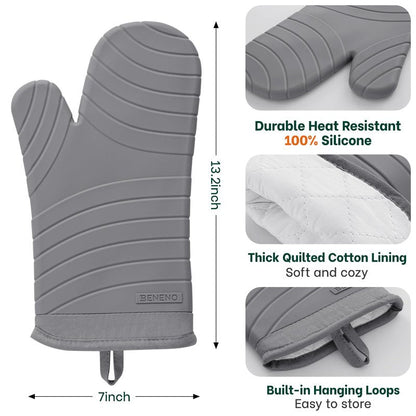 Beneno BPA-Free Silicone Oven Mitt 2-Pack Set, Heat Resistant 500°F Oven Mitts with Non-Slip Grip, Soft Thicker Lining, 7"x13", Gray