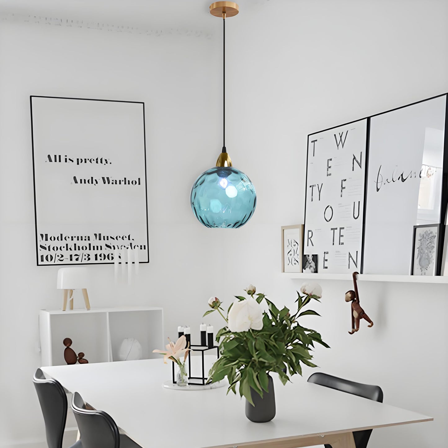 XIRYTU-H 20cm/7.9’’ Industrial Vintage Spherical Glass Pendant Light, E26 Ceiling Hanging Lamp, Gold Finish & Ripple Glass Globe Shade, Dining Room Bedroom Chandelier (Azure Blue)