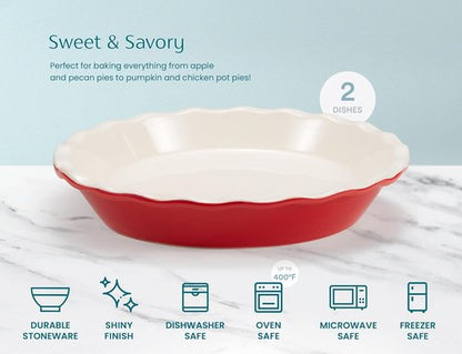 KooK Ceramic Pie Pan - Reusable Round Baking Dish for Quiche & Casseroles | 9-Inch, Wave Edge, Set of 2, Cherry