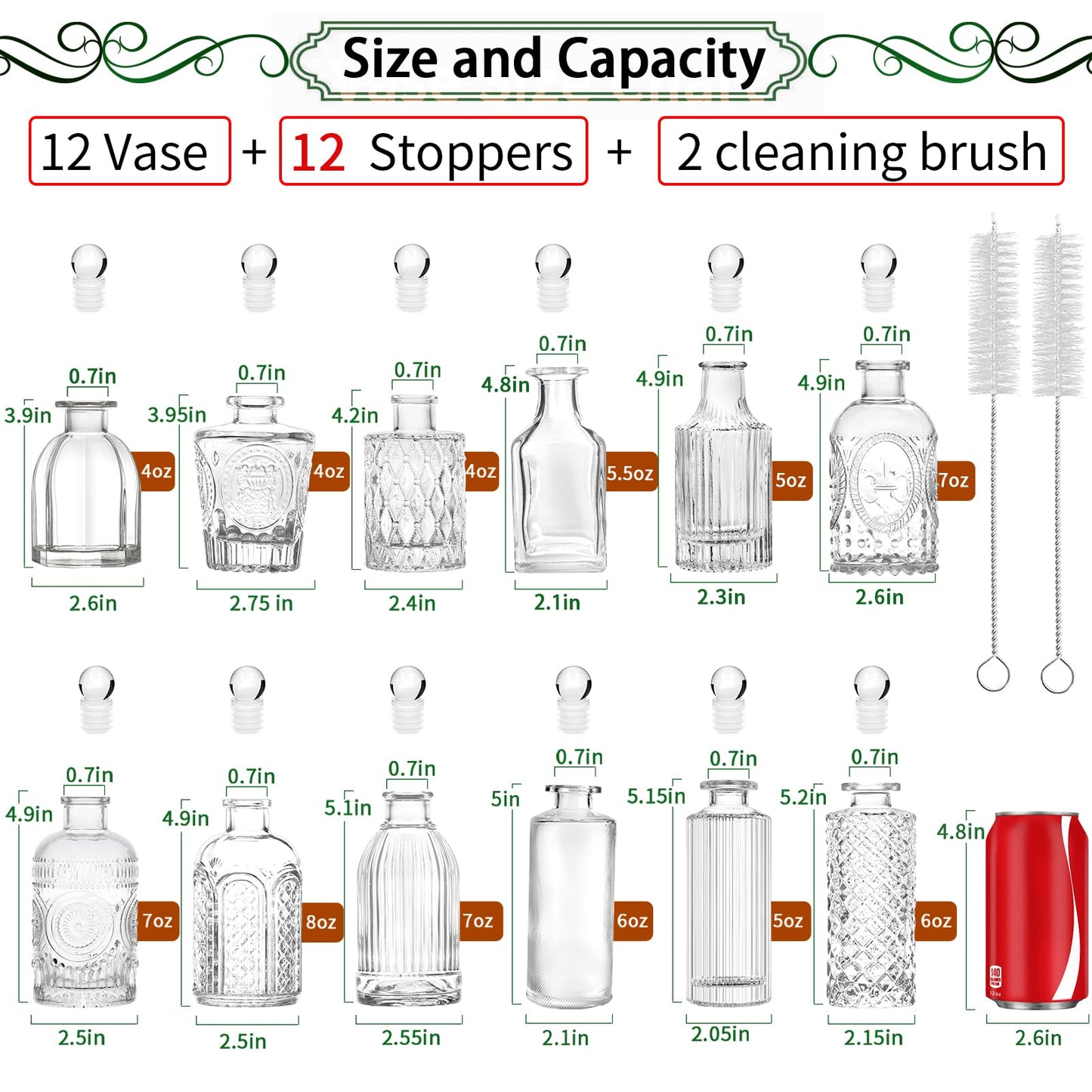 Clear Glass Bottles with Lids Bud Vases in Bulk Set of 12 Mini Flower Vase for Table Decor Small Bottle for Potion,Juice, Oils, Vinegar,Whiskey,Wine, with 2 Cleaning Brush,Dishwasher Safety