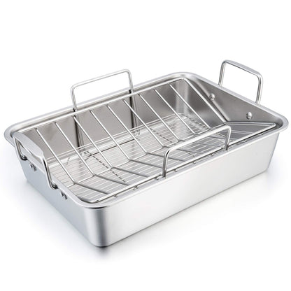 TeamFar Stainless Steel Roasting Pan, 16 Inch Large Turkey Roaster Lasagna Pan with V Rack & Cooling Rack Set for Roasting, Baking, Healthy & Heavy Duty, Deep Side & Dishwasher Safe - 3 PCS