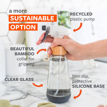 Full Circle Bottle Service - Refillable Glass Spray Bottle for Cleaning - Versatile Stream & Mist Options, Bamboo, Silicone Boot - Ideal for Non-Toxic Solutions & Plant Care, 16oz, Gray