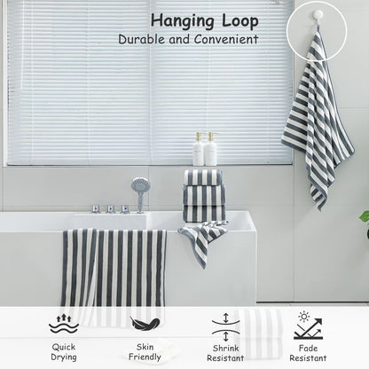 18 Set Loop-6 Towels,6 Towels,6 Set Pcs Gray Stripe Bath Towel with Hanging Bath Hand Washcloths Soft Family Towels