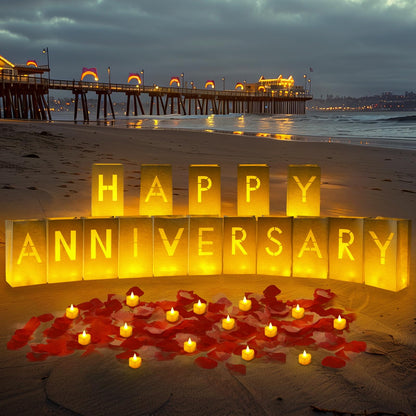 Homemory Happy Anniversary Decoration Light Up Letters with Flameless Candles and 2000 Fake Rose Petals, Valentine's Day Luminary Bags Happy Anniversary Banner Sign Romantic Party Decor for Wedding