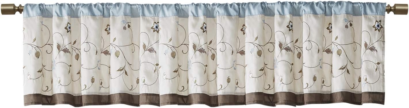 Madison Park Serene Embroidered Light Filtering Curtain Panel, 50x18, Blue for Bedroom Livingroom