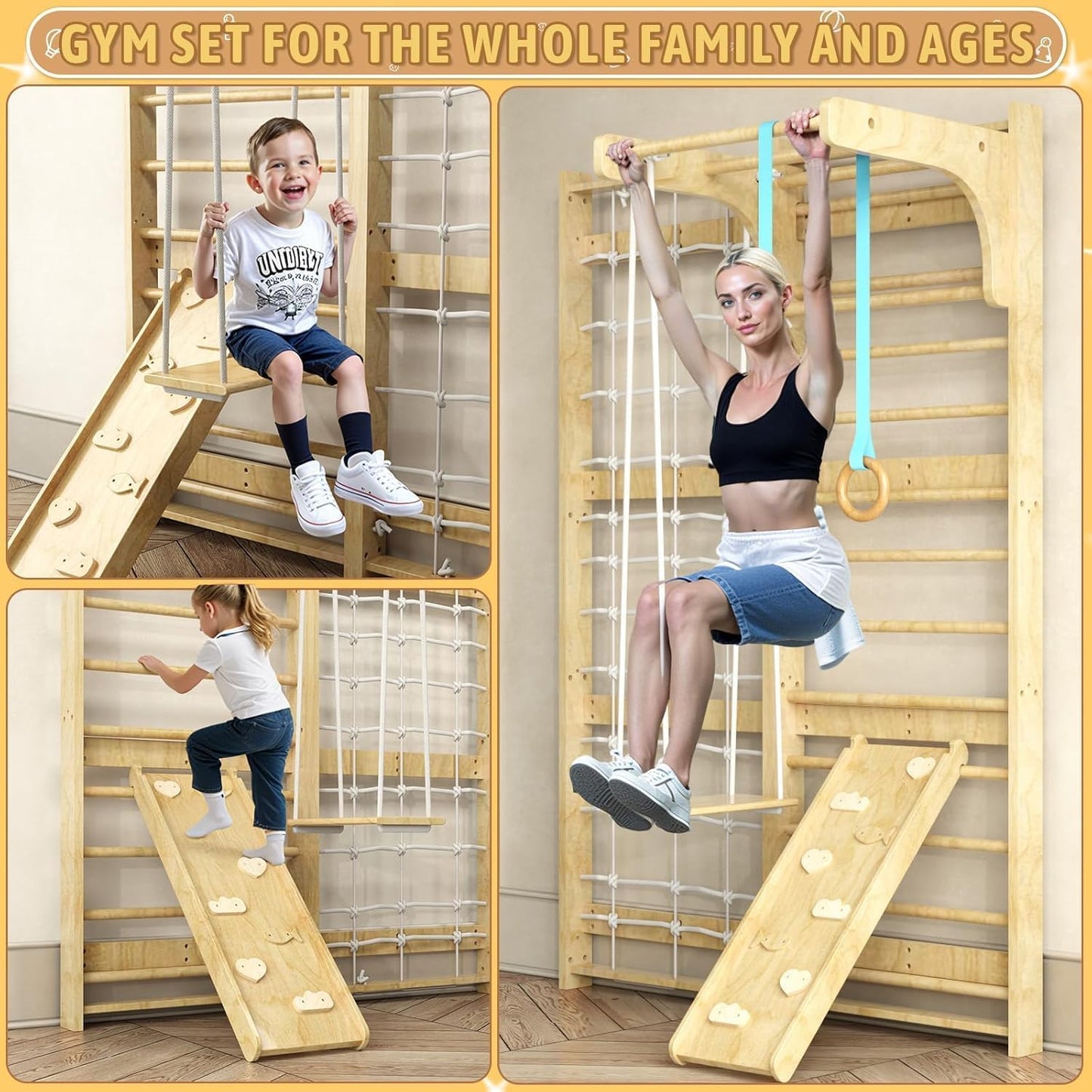 7-in-1 Swedish Ladder, Wooden Climbing Wall Ladder for Kids and Adults, Montessori Climber Playset with Pull-Up Bar, Indoor Climbing Gym, Kids Playground