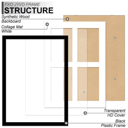 Fxojyvo 5x7 Picture Frame Collage Set of 6, Display 4 5x7 Picture Collage or 12x16 Photo Only Without Mat, Light Weight and High Transparent Frame for Wall - 6 Pack/Black/4-Openings
